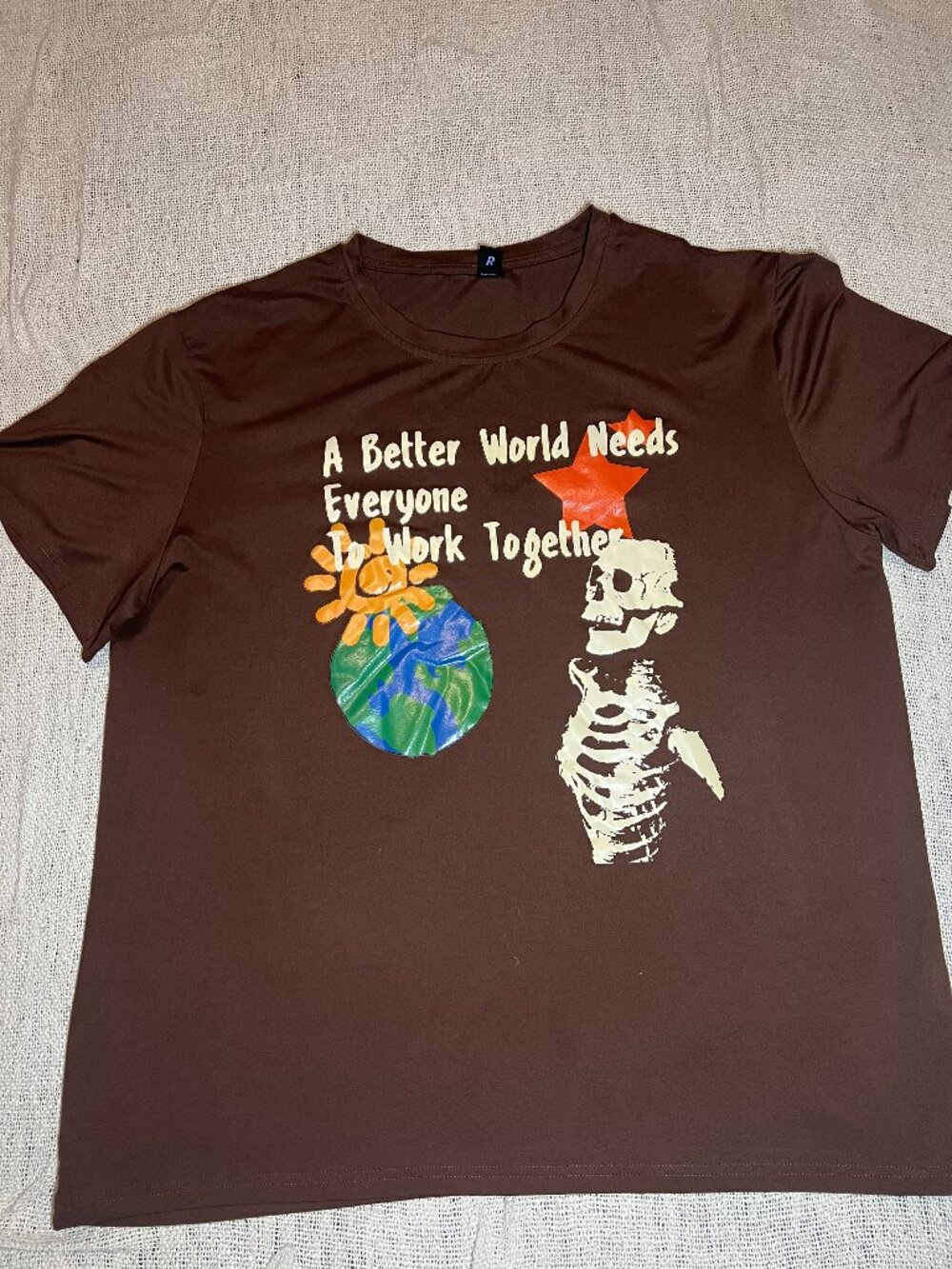 ROMWE XXL Brown Graphic T-Shirt – “A Better World Needs Everyone to Work